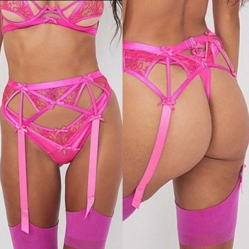 For Love and Lemons Hot Pink Satin Embroidered Garter Belt Size XS